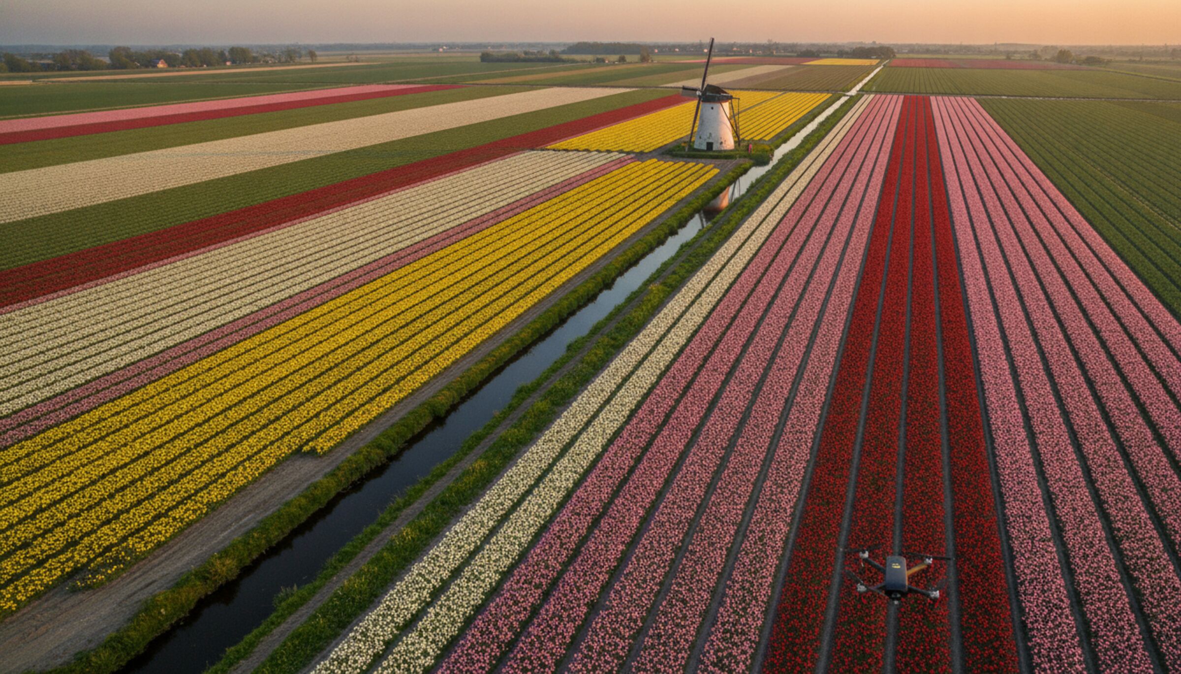 Striped tulip fields and a windmill in the Netherlands, with a small drone flying low over the rows