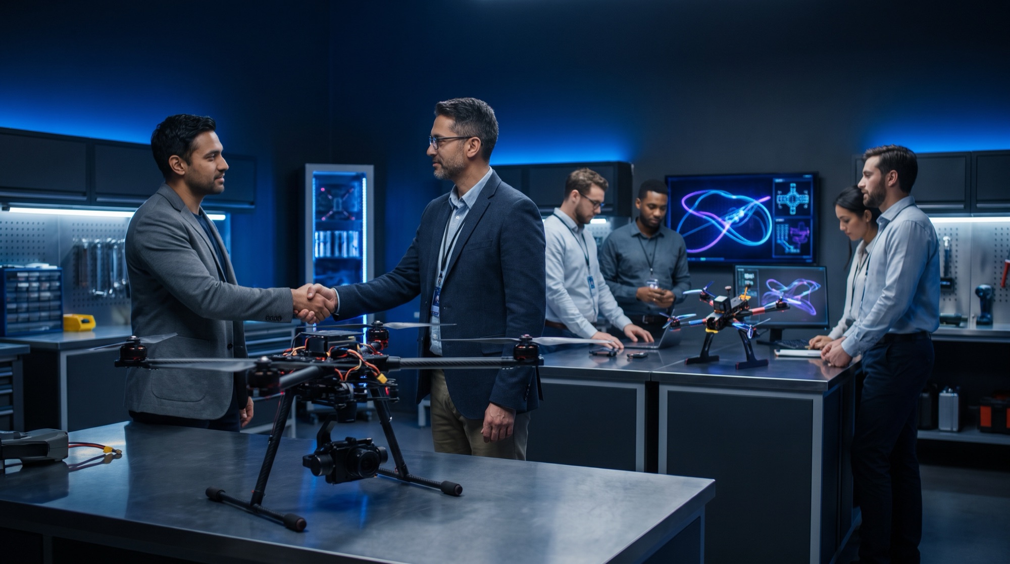 Cobalt Academy partners shaking hands over a carbon-fiber UAS drone in a drone engineering lab