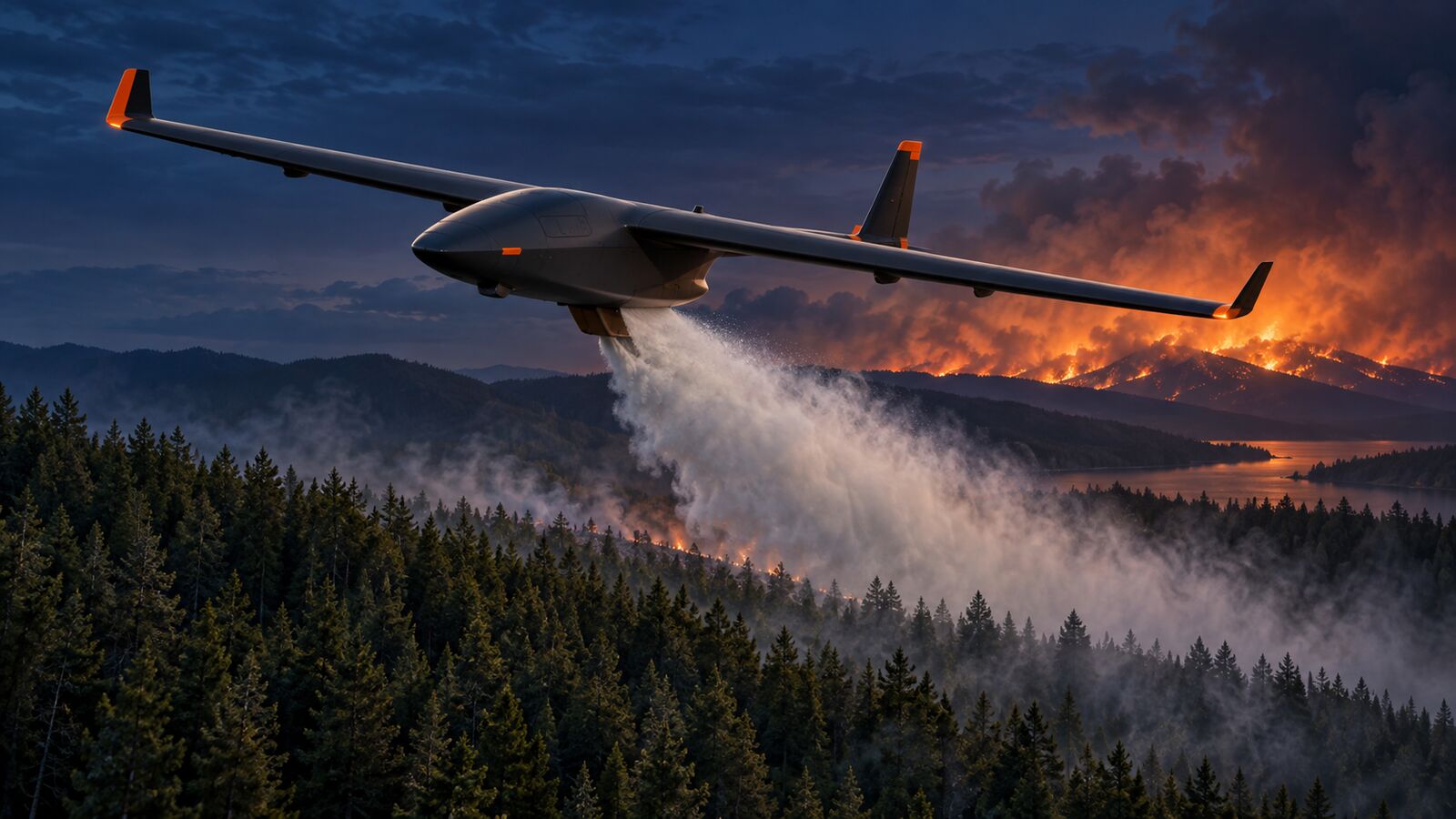 Concept illustration of an uncrewed fixed-wing aircraft releasing water mist near a forest fire