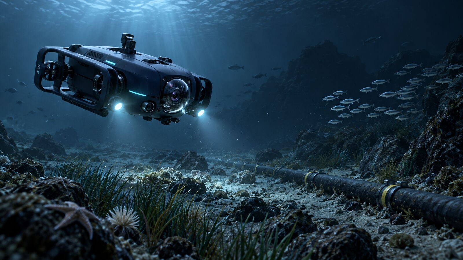Concept illustration of an underwater drone above a seabed cable with fish nearby