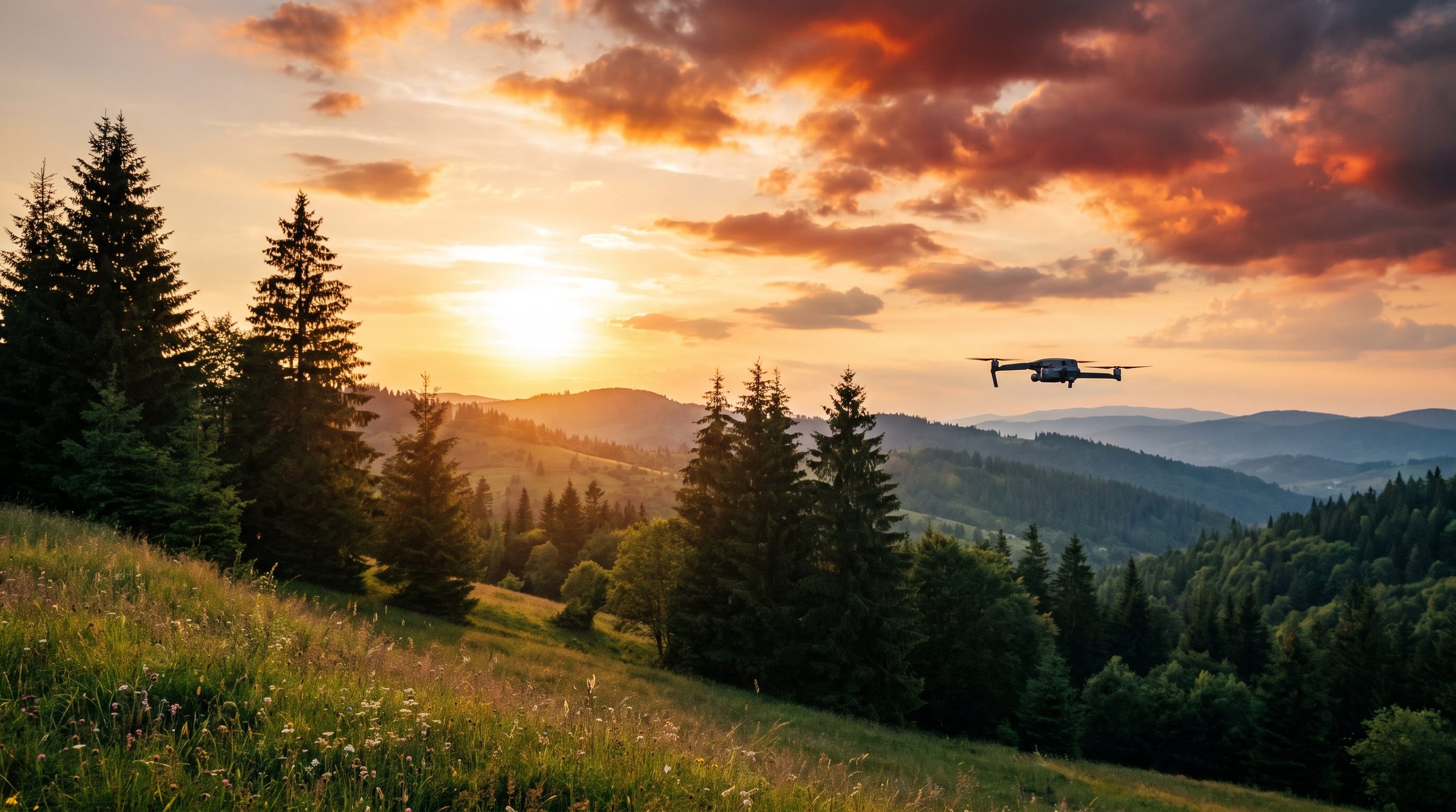 A drone flying over a mountain meadow and fir forest in the Carpathians at sunset